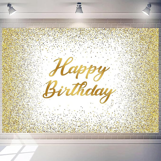 10x6 FT Glitter Happy Birthday Backdrops Banner Polyester White and Gold Spots Large Happy Birthday Background Sign for Women Men Decorations Photo Booth Props Supplies Banner