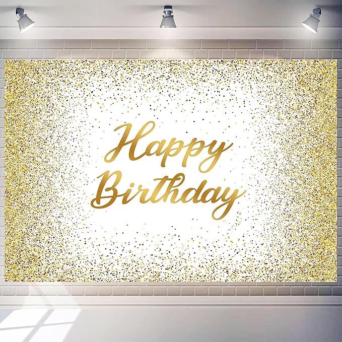 12x10 FT Glitter Happy Birthday Backdrops Banner Polyester White and Gold Spots Large Happy Birthday Background Sign for Women Men Decorations Photo Booth Props Supplies Banner