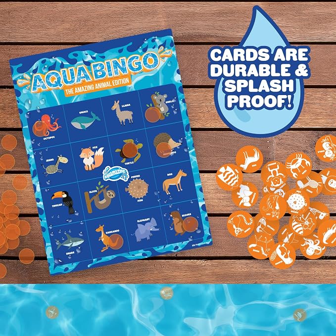 Pool Bingo Diving Game for Kids- Summer Party Fun Edition Toy- Dive & Call 30 Sinking Animal Themed "Numbers", Fill Your Card- 150 Marker Chips & 16 Double Sided Waterproof Play Cards & Carrying Bag