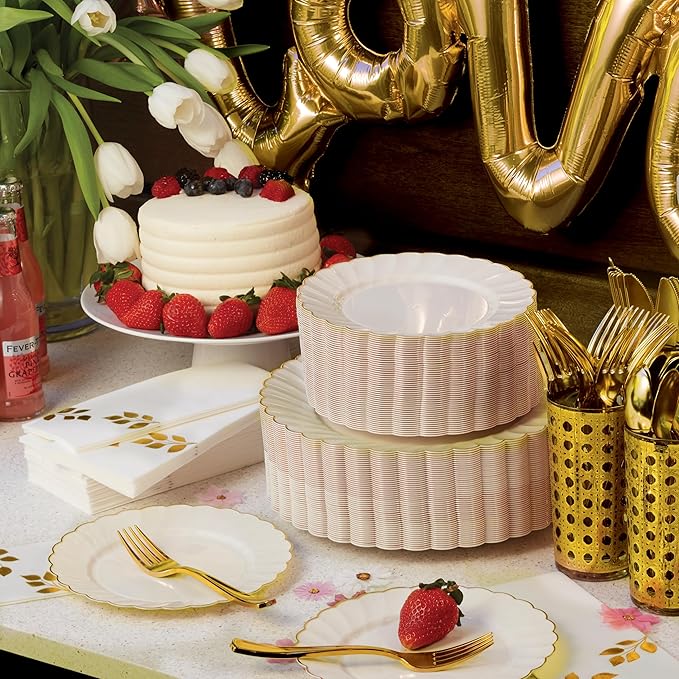 By Madee HEAVYWEIGHT 100 Pc Scalloped Ivory & Gold Plastic Plates for Party | 50 Dinner & 50 Dessert Nice Disposable Heavy Duty Plates | Elegant & Fancy | Wedding, Baby Shower, Bridal Shower 50 Guests