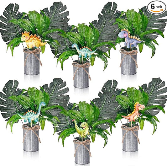 Suncalla 6 Set Dinosaur Party Table Centerpiece Decoration Dinosaur Themed Stick Set Include Vase Stick Artificial Leaves Jungle Animal Theme Table Topper for Baby Shower Birthday (Cylinder,Metal)
