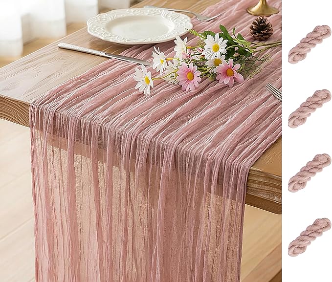 FEXIA Cheesecloth Table Runner Dusty Pink 35x120 Inches 4 Packs Gauze Table Runner Burnt for Wedding Decor Reception Bridal Shower Baby Shower Birthday Centerpiece Engagement