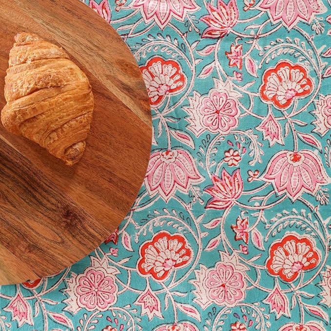 Hand Block Printed Tablecloth, Colorful Floral Print, Indian Artisan Handmade Art, Dining Room, Kitchen, Outdoor Décor, (Green Delight, 12 Seater 72 x 135 Inches Rectangle)