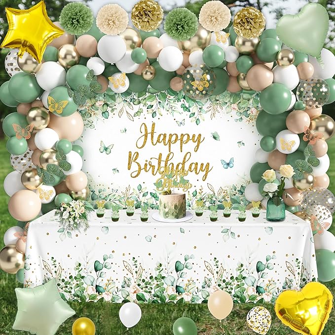 Sage Green Birthday Party Decoration Supplies for Boys Girls - Happy Birthday Backdrop, Tablecloth, Balloon Arch, Butterfly Stickers - Women Adult Decor, Neutral Baby Shower