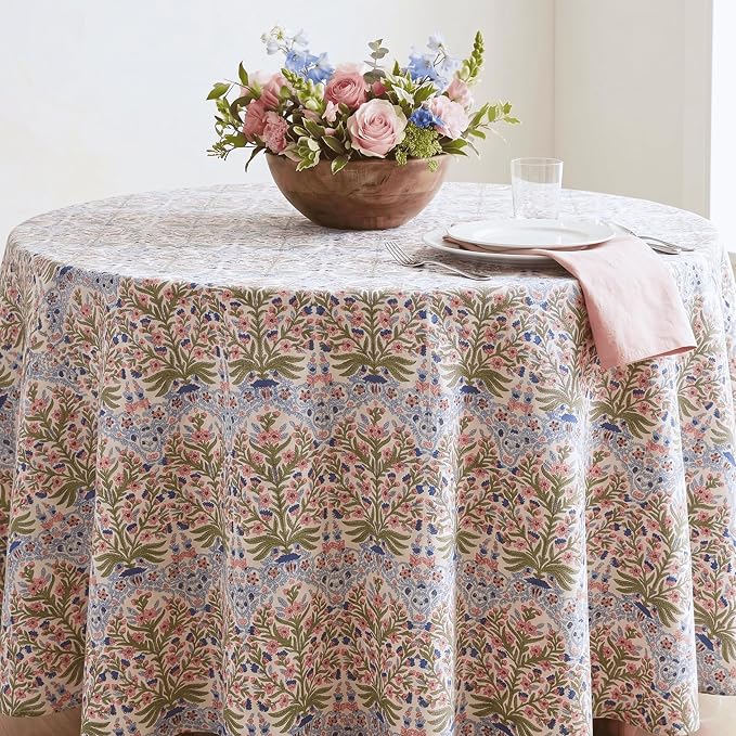 ATOSII Cotton Tablecloth 90" Inches Round Nargis Light Blue