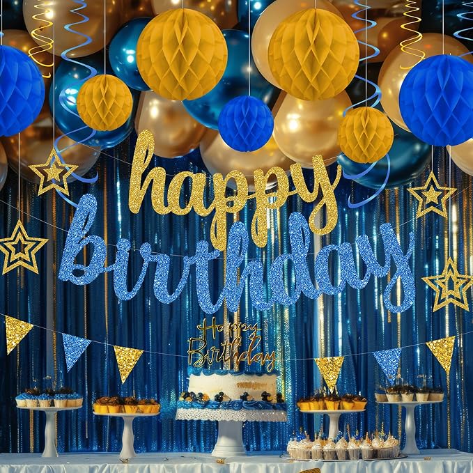 Blue and Gold Birthday Party Decorations Set - Happy Birthday Banner Balloons Foil Curtains Hanging Swirls for Men Women Kids Birthday Party Supplies