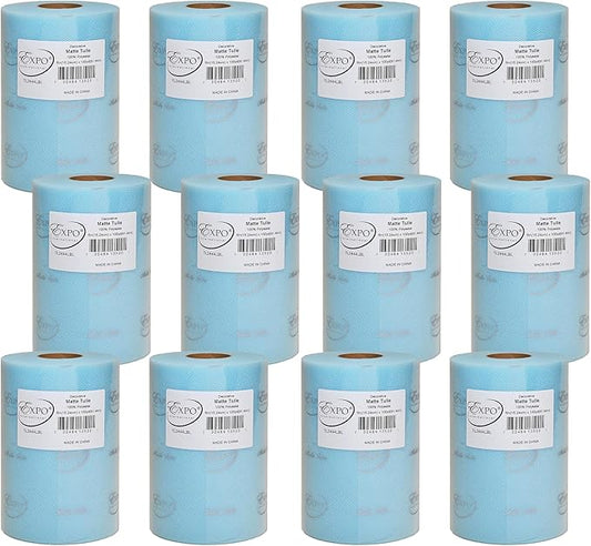 Expo International Decorative Matte Tulle, Roll/Spool of 6” X 100 Yards, Lightweight Polyester Tulle Fabric for Tutus, Costumes, and Party Decorations, Washable, Easy-to-Use, Pack of 12, Light Blue