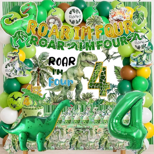 Roar Im Four Dinosaur 4th Birthday Party Decorations, Dinosaur 4th Birthday Party Supplies for Boys Girls, 4 Year Old Dino Theme Party Set with Backdrop, Fringe Curtains, Tablecloth, hanging swirls.