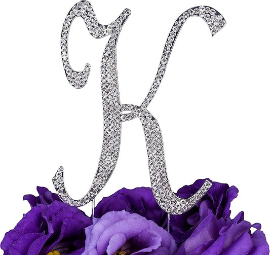 LOVENJOY Gift-Boxed 3.7" Sparkly Crystal Rhinestone Letter K Cake Topper Silver