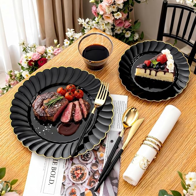 Ciaell 175 PCS Black Scalloped Plastic Plates with Gold Trim - Black Plastic Silverware with Handle - Fancy High-End Dinnerware Sets for Wedding & Party