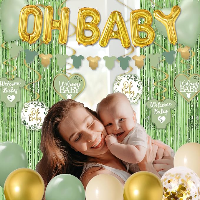 Sage Green Baby Shower Decorations,155 pcs Neutral Baby Shower Decor Supplies, welcome baby banner, Disposable "OH BABY" Balloon Arch, Paper Tassels, tablecloths