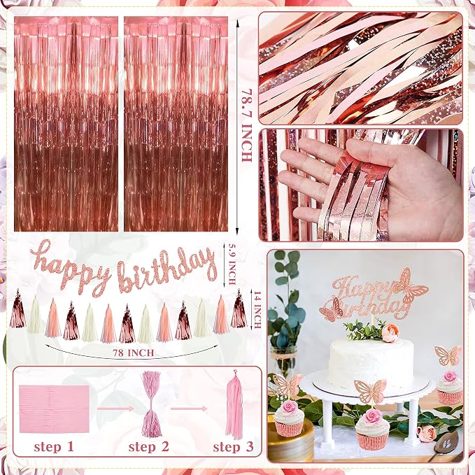 Rose Gold Birthday Party Decoration, 91 PCS Happy Birthday Pink Party Supplies for Girls Women (Banner Backdrop Tablecloth Fringe Curtains Balloons Garland Paper Tassels Garland Paper Pompoms)