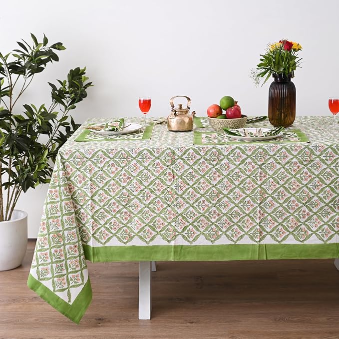 Hand Block Printed Tablecloth, Colorful Floral Print, Indian Artisan Handmade Art, Dining Room, Kitchen, Outdoor Décor, (Fresh Green Leaves, 16 Seater 72 x 190 Inches Rectangle)