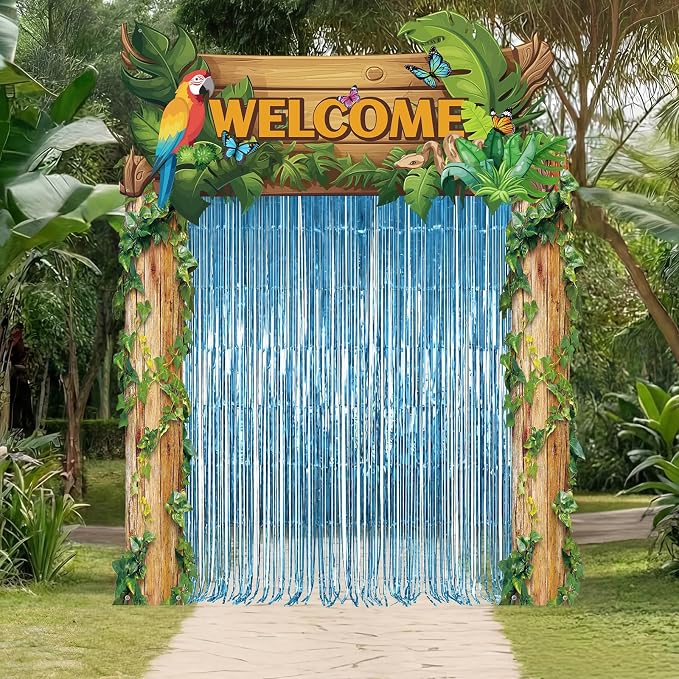 Peryiter 5 Pcs Rainforest Jungle Party Decorations Set - Welcome Arch, Tree Trunk Banners, Tinsel Curtains, Double-sided Tape for Tropical Theme Birthday, Photo Booth & Event Backdrop