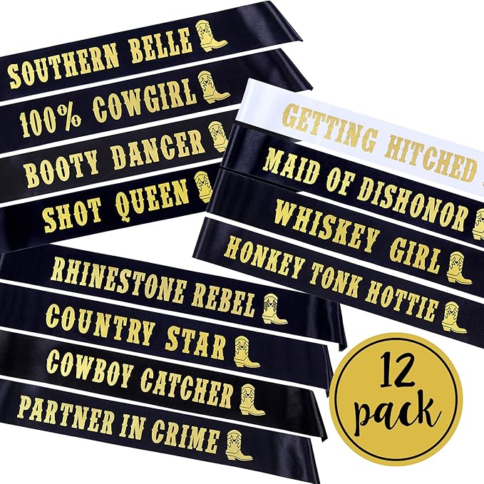 Pop Fizz Designs Nashville Bachelorette Party Sashes | 12 Pack | Includes 1 Bride Sash “Getting Hitched” | 11 Funny Bride Tribe Sashes for Bridal Party