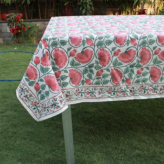 Ridhi Coral & Turquiose Green Hand Block Print Cotton Rectangle Tablecloth 102" x 48" inches Reusable Table Cover Decorative Everyday Use for Dining Room, Farmhouse, Home Gift for Spring, Mother's Day
