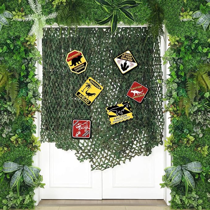 Bucherry Dinosaur Party Decorations Set 10x13ft Dino Netting 6 Paper Sign Jungle Dino Theme Birthday Party Supplies for Birthday Indoor Outdoor Decor Halloween Dinosaur Trunk or Treat Car Decorations