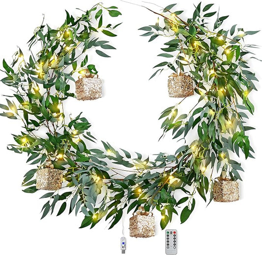 Artificial Willow Garland with Lights & Ornaments – 2-Pack Lighted Greenery Vine, USB Fairy Lights with Remote & Timer for Mantels, Weddings, Fireplace, Holidays, Parties & Everyday Home Decor