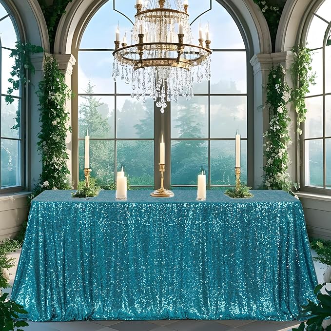 Poise3EHome Teal Sequin Tablecloth 50×80 Inch Rectangle Sparkly Fabric Table Cover Overlay for Baby Shower Birthday Party Wedding Christmas Holiday Decoration