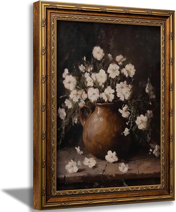 Vintage Gold Framed Wall Art Vintage Flower Still Life Wall Decor Retro White Floral Picture Retro Rustic Floral Poster Print Artwork for Home Living Bedroom Farmhouse Hallway