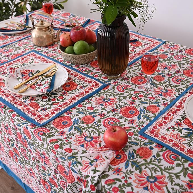 Hand Block Printed Tablecloth, Colorful Floral Print, Indian Artisan Handmade Art, Dining Room, Kitchen, Outdoor Décor, (Peach Floral, 16 Seater 72 x 190 Inches Rectangle)