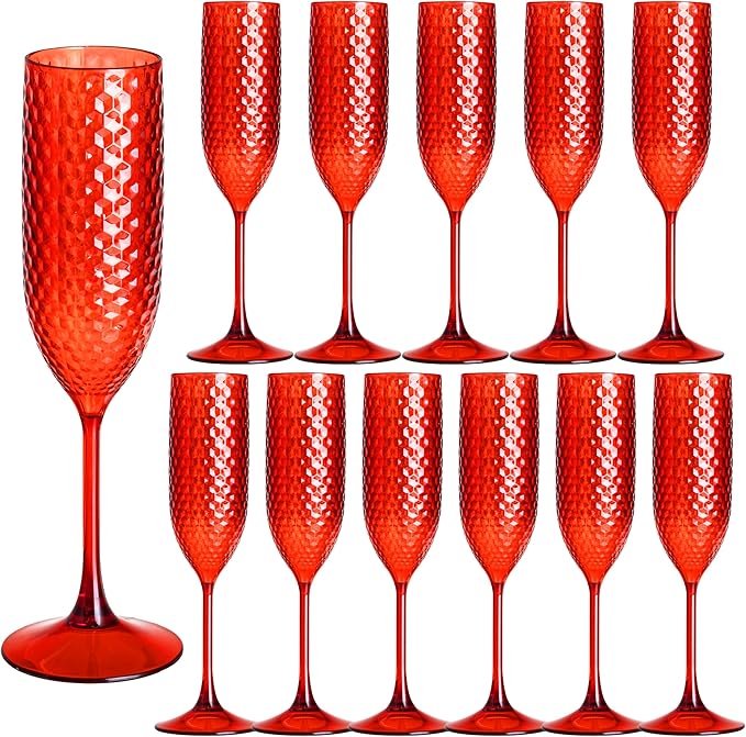 12 Pack Red Plastic Champagne Flutes Mimosa Unbreakable Champagne Glasses Wedding Toasting Glasses 5.5 OZ Reusable Diamond Glasses Wine Cups Vintage Drinking Glasses for Wedding,Christmas,Party