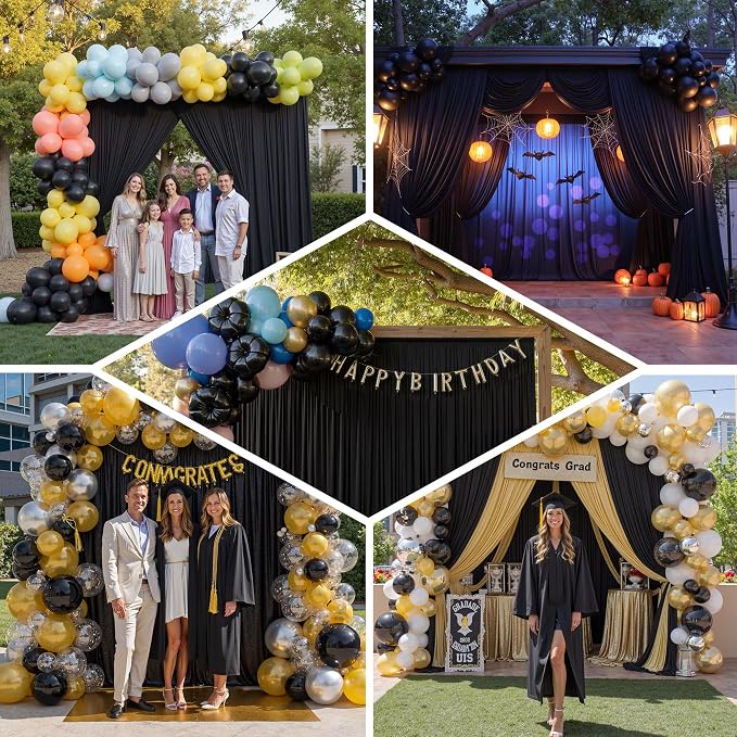 30ft×12ft Black Backdrop Curtain for Wedding Parties, 6 Panels Wrinkle Free Polyester Photo Backdrop Drapes Back Drop Cloth for Birthday Photography Background