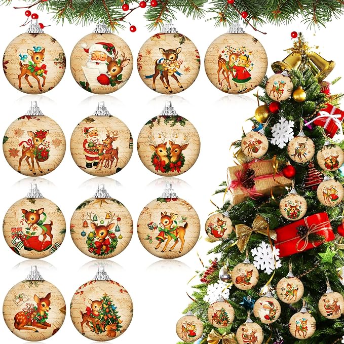 Outus 16 Pcs Christmas Tree Ball Ornaments Vintage Christmas Reindeer Decorations for Tree Colorful Xmas Decorative Hanging Ornaments for Farmhouse Home Fireplace Decoration Holiday Party Favors