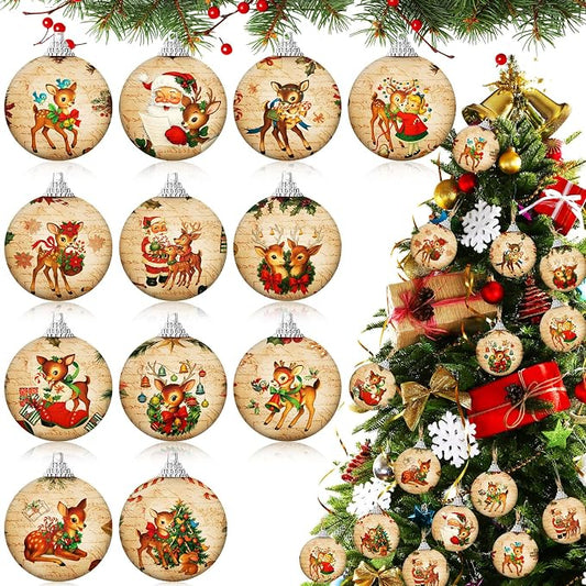 Outus 16 Pcs Christmas Tree Ball Ornaments Vintage Christmas Reindeer Decorations for Tree Colorful Xmas Decorative Hanging Ornaments for Farmhouse Home Fireplace Decoration Holiday Party Favors
