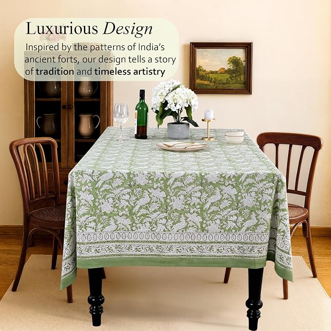 CPC Cotton Tablecloth 80x120 Inch Rectangle Indian Block Print Tablecloth- Green Washable Wedding Table Cover for Thanksgiving/Christmas- Olive Green