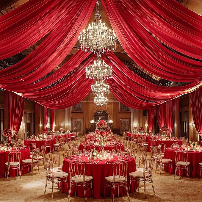 10ft x 20ft Red Ceiling Drapes for Wedding Parties, 2 Panels Wrinkle Free Thick Polyester 20ft Extra Long Wedding Draping Red Ceiling Curtains Arch Drapery for Birthday Party Canopy Tent Decor
