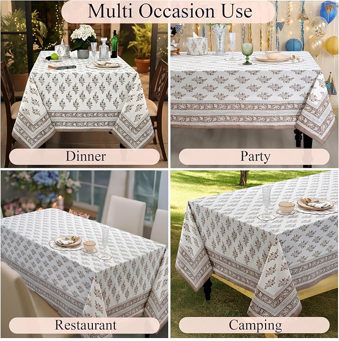 Ridhi Block Print Quiet Earth Rectangle Cotton Tablecloth 160" x 72" Reusable Table Cover Decorative Everyday Use for Dining, Farmhouse, Home Gift for Spring, Easter, Valentine