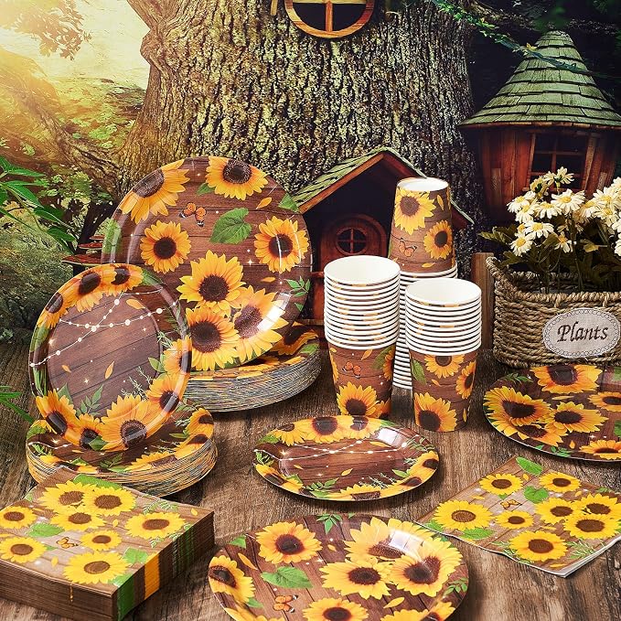 Ziliny 250 Pcs Sunflower Party Decorations Include Spring Summer Floral Paper Plates Napkins and Cups for Wildflower Baby Shower Tea Decorations, Serve 50 Guest(Yellow and Brown,Sunflower Style)