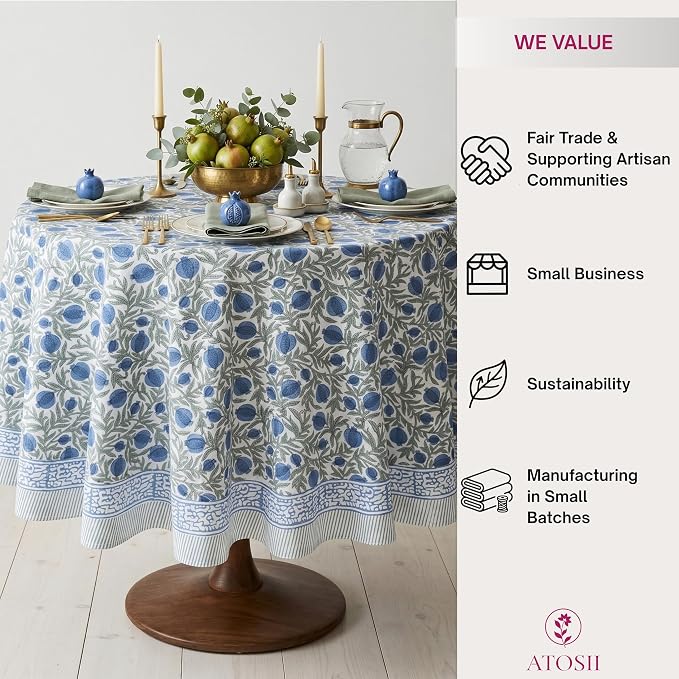 ATOSII Anar Blue 100% Cotton Round Boho Fall Tablecloth, Handblock Floral Table Cloth Linen for Kitchen Dining I Parties Weddings Outdoors Picnics Easter Mothers Day I 72" Inches Round I 4 Seater