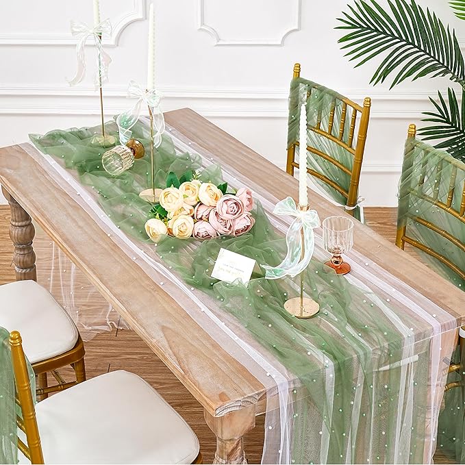 Tulle Pearl Table Runner Lace: 10ft Tulle Runners Romantic Sheer Tables Cover 12pcs Decorative Fabrics for Wedding Arch Dessert Table Decorations Sage Green