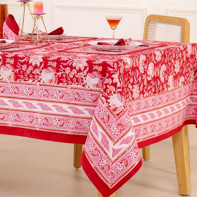 Hand Block Printed Tablecloth, Colorful Floral Print, Indian Artisan Handmade Art, Dining Room, Kitchen, Outdoor Décor, (Cherry Red, 12 Seater 72 x 135 Inches Rectangle)