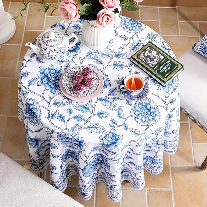 ISAENNE Designer French Linen Round Tablecloth,Diameter 67"-BlueWilow | Chinoiserie Vintage Elegant Table Cloth,Blue Floral Pattern,Beautiful,Dining Room,Kitchen,Tea Party,Thanksgiving,Decor