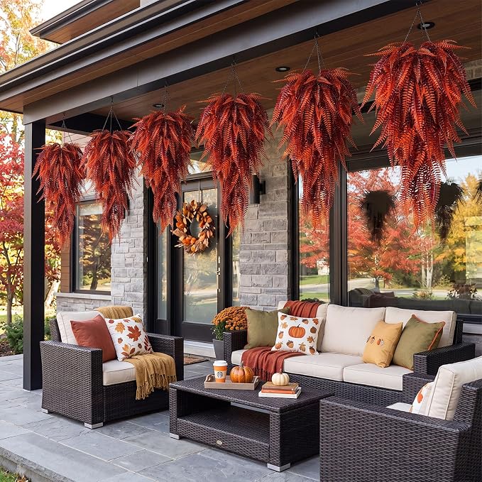 Daifunli 12 Pcs Artificial Fall Hanging Plants Fake Hanging Ferns Plastic Autumn Faux Plants for Wall Room Garden Garland Indoor Outdoor Decor No Basket (Fall Boston =)