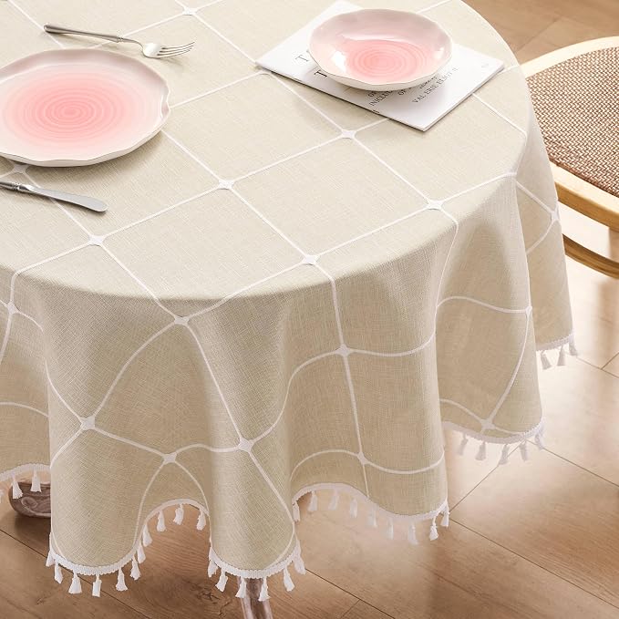 ZeeMart Boho Grid Table Cloth with Tassels (Light Tan, 52" Round), Heavy Weight Linen Checked Embroidered Farmhouse Tablecloth, Water Resistant Round Beige Tablecloths