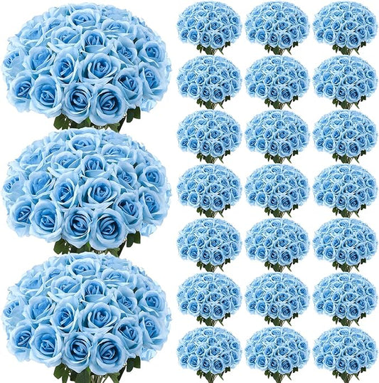 150 Pcs Roses Artificial Flowers, Silk Light Sky Blue Artificial Flowers Petals Long Stem Roses for Wedding Bouquet Home Party Decor