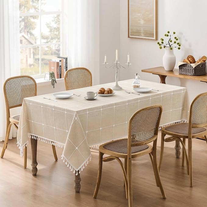 ZeeMart Boho Grid Table Cloth with Tassels (Light Tan, 60" x 60"), Heavy Weight Linen Checked Embroidered Farmhouse Tablecloth, Water Resistant Square Beige Tablecloths