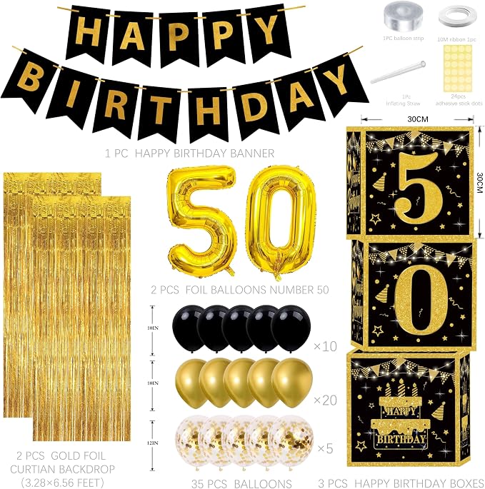 Gold 50th birthday decorations men,3pcs birthday Decorations for Men boys black and gold Balloon Boxes Birthday Party Favors