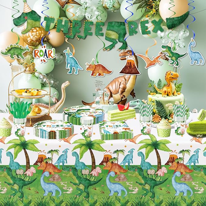 Srua Don Dinosaur 3rd Birthday Party Supplies Decorations, Dino Theme Three Rex Birthday Decorations, Paper Plates, Cups, Napkins, Tablecloth, Disposable Cutlery, Swirls, Banner, Serves 24