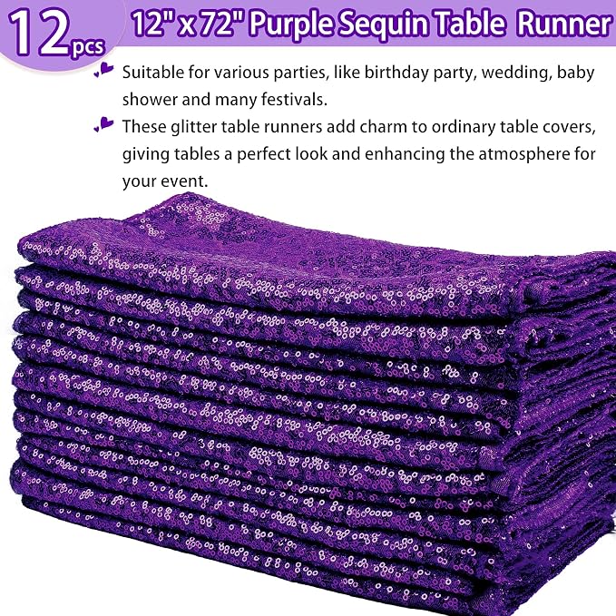 12 Packs 12 X 72 Inch Purple Sequin Table Runner Glitter Dining Table Runner for Birthday Wedding Engagement Bridal Baby Shower Bachelorette Holiday Celebration Party Supplies Decorations (Purple)