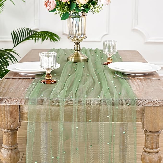 Tulle Pearl Table Runner Lace: 10ft Tulle Runners Romantic Sheer Tables Cover 12pcs Decorative Fabrics for Wedding Arch Dessert Table Decorations Sage Green