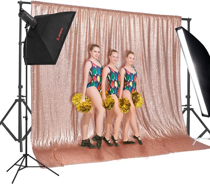 PartyDelight Rose Gold Sequin Backdrop 20x10ft 4 Inch Rod Pocket | Dense 3mm rose gold sequins on mesh backing with 4 inch rod pocket for extra wide stages banquet walls group photos and large