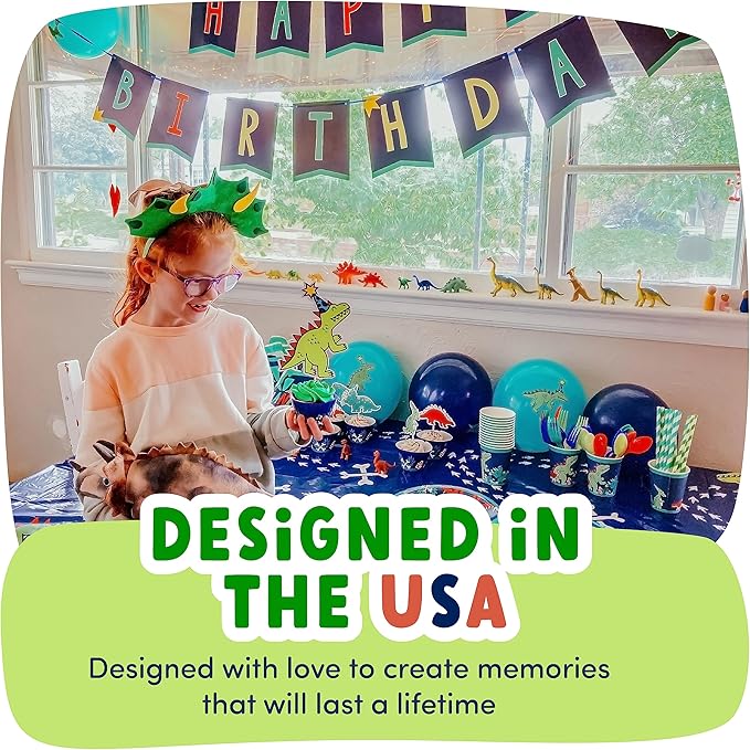 ecoZen Dinosaur Birthday Party Decorations - Jurassic Park Themed Supplies for 16 Guests, Includes Dino Plates, Cups, Napkins, Banner, Cutlery, Balloons, Tablecloth, Straws, Toppers
