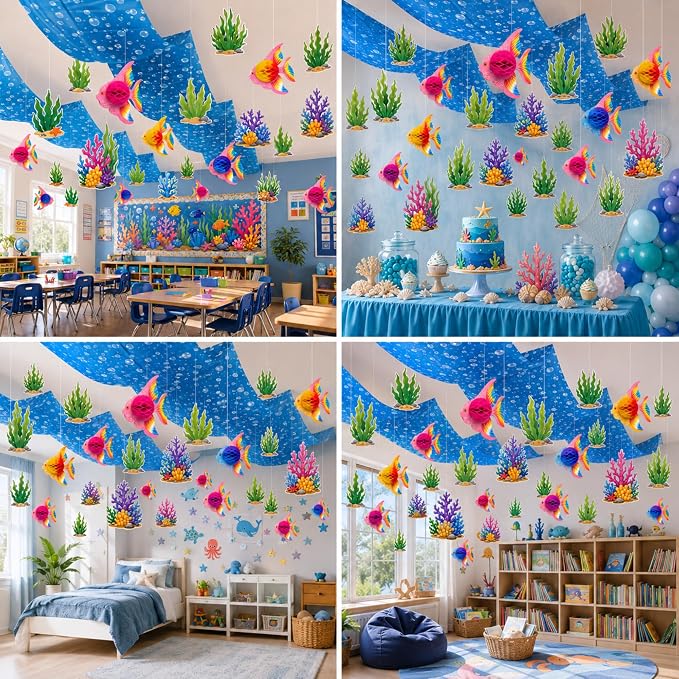 60 Pcs 2026 Under The Sea Party Decoration for Classroom 24" x 13ft Ocean Hanging Ceiling Banner 3D Faux Floating Fish Seaweed Hanging Ornament for Kid Back to School Party Class Decor