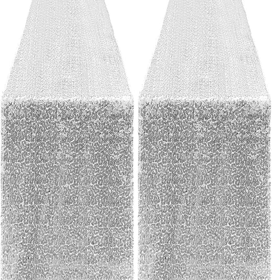 2 Packs 12 x 72 inches Sequin Table Runner, Silver Glitter Table Runner for Birthday Party Supplies Wedding Engagement Baby Shower Holiday Celebration Event Decorations