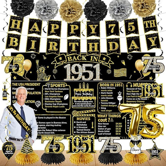 Zirtorei 75th Birthday Decorations for Men Women, 21pcs the Year 1951 Banner Balloon Party Supplies, Black Gold 75 Year Old Birthday Backdrop, 75 Bday Honeycomb Centerpiece Hanging Swirls Sash Gifts